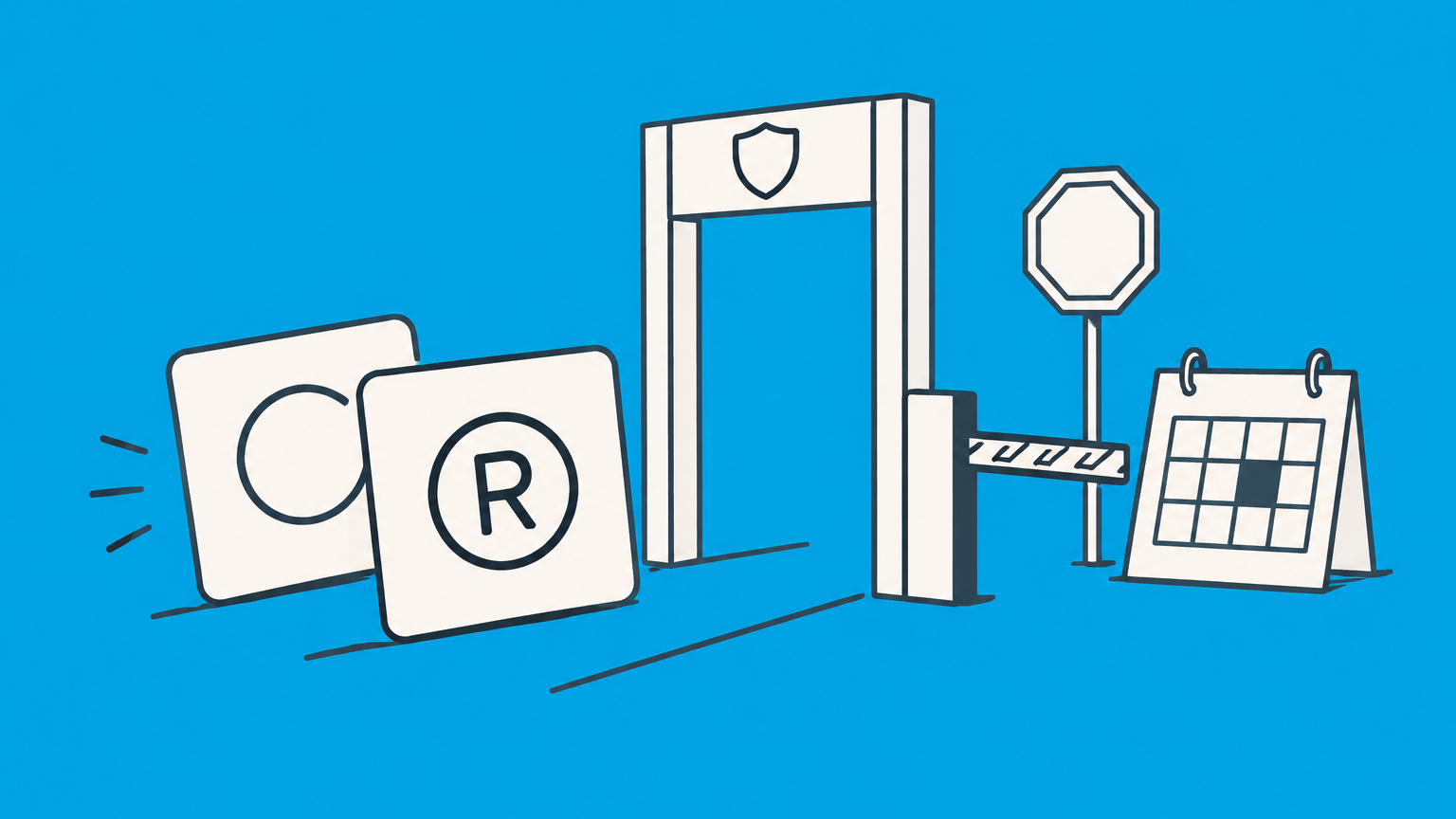 Flat illustration of overlapping brand tiles, a calendar, and a registration gate representing trademark opposition.