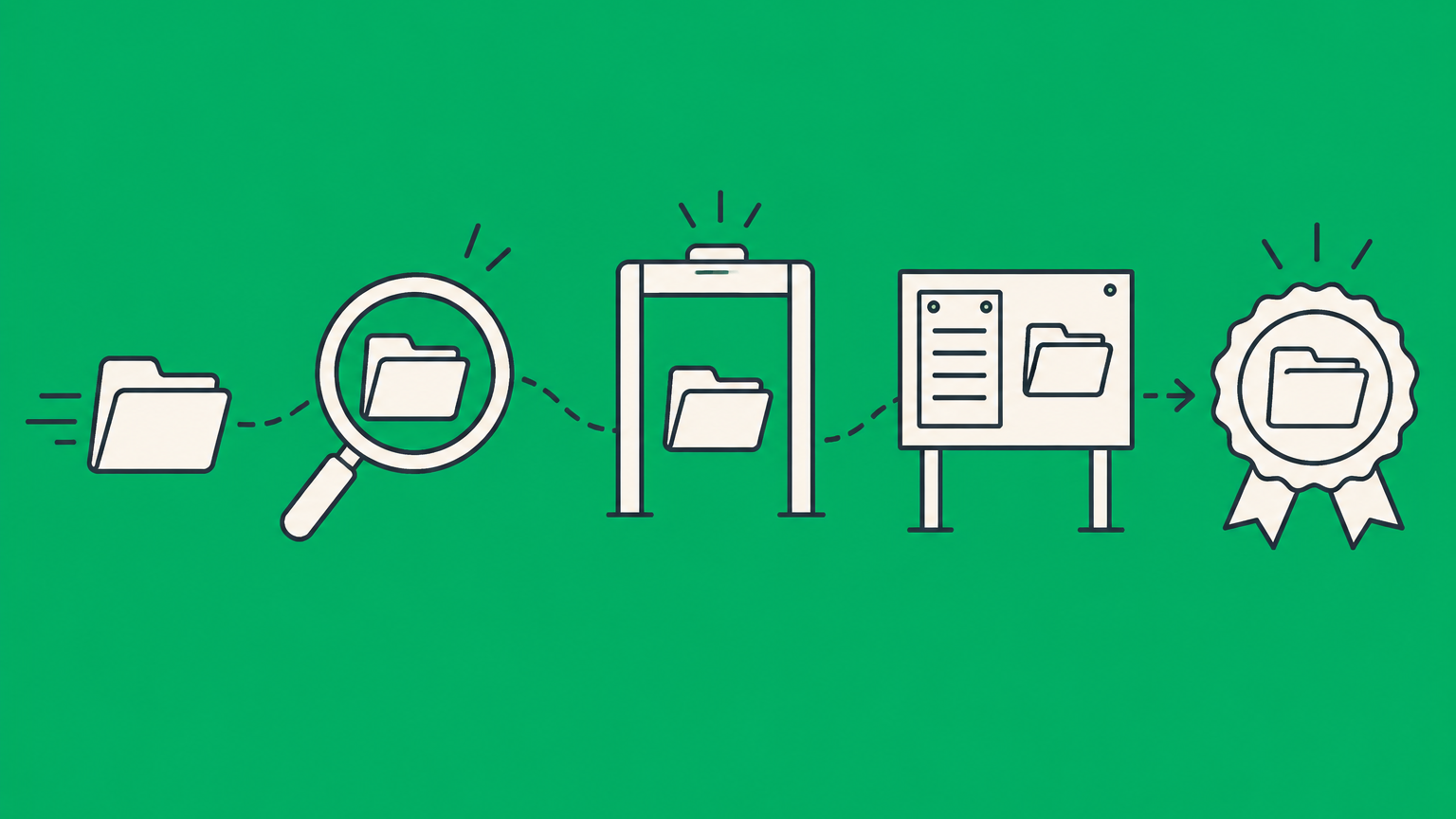 Flat illustration of an application folder passing through review checkpoints toward a registration seal, representing trademark prosecution.