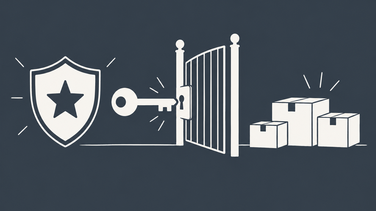 Flat illustration of a key opening a controlled gate between a trademark badge and product boxes to represent trademark licensing.
