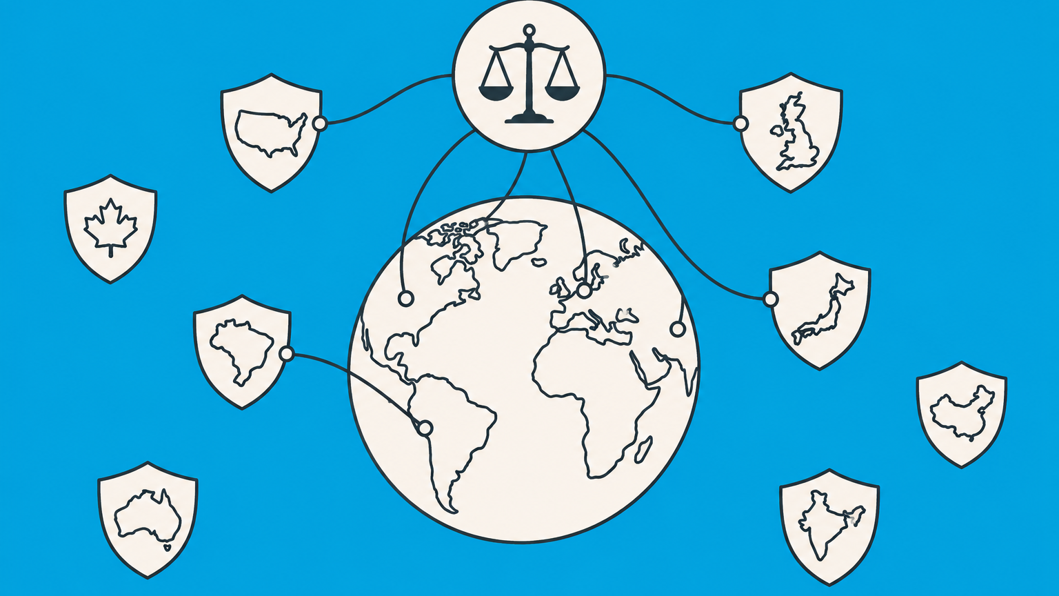 Flat illustration of a brand tag connected to selected country shields on a globe to represent international trademark registration.