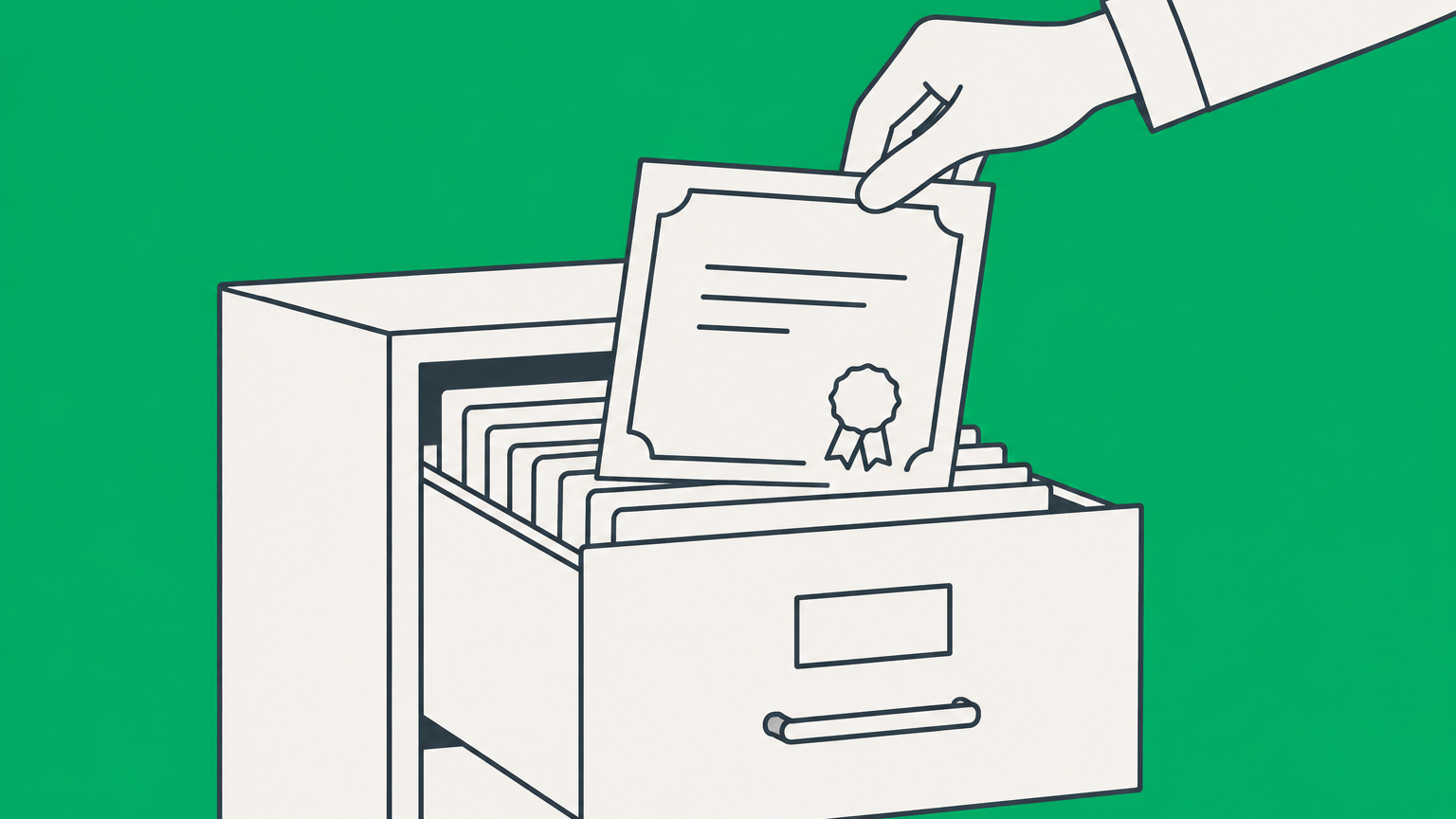 Flat illustration of a certificate being removed from a filing cabinet to represent trademark cancellation.