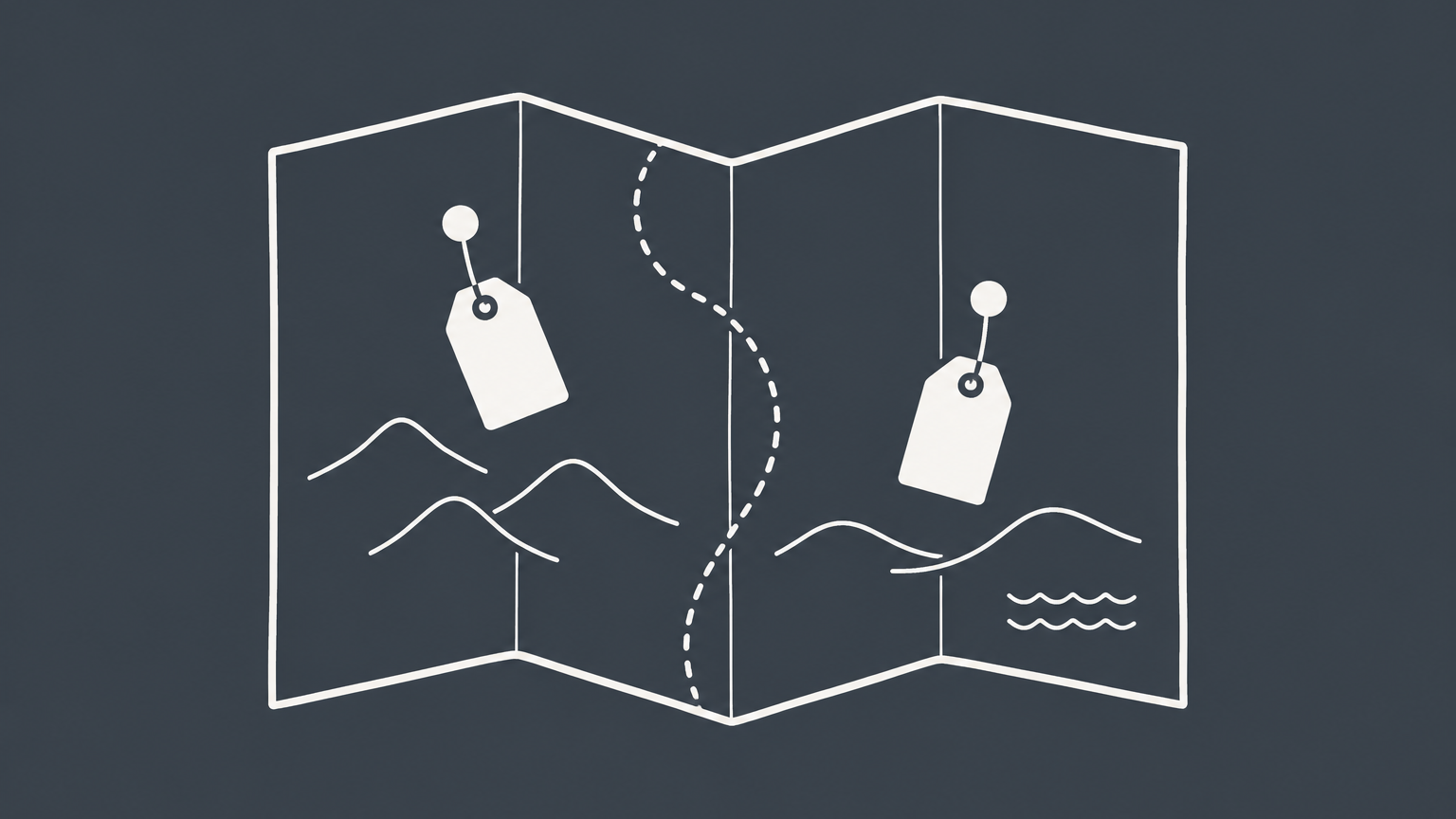 Flat illustration of two matching product tags placed in separate regions of a divided map to represent concurrent use trademark registration.