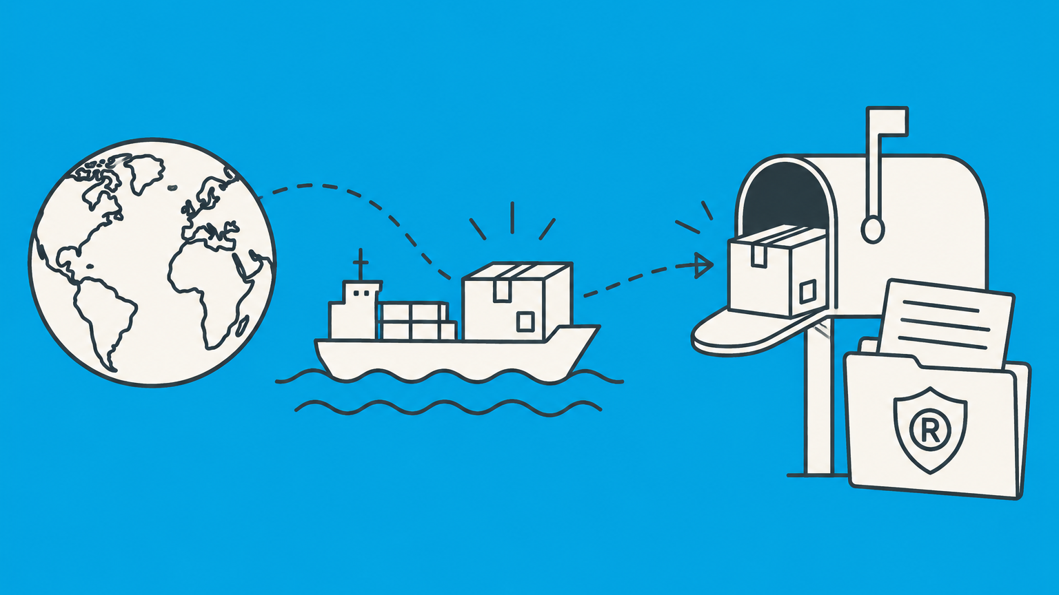 Flat illustration of an international parcel arriving in a secure U.S. mailbox to represent a domestic representative for a foreign trademark owner.