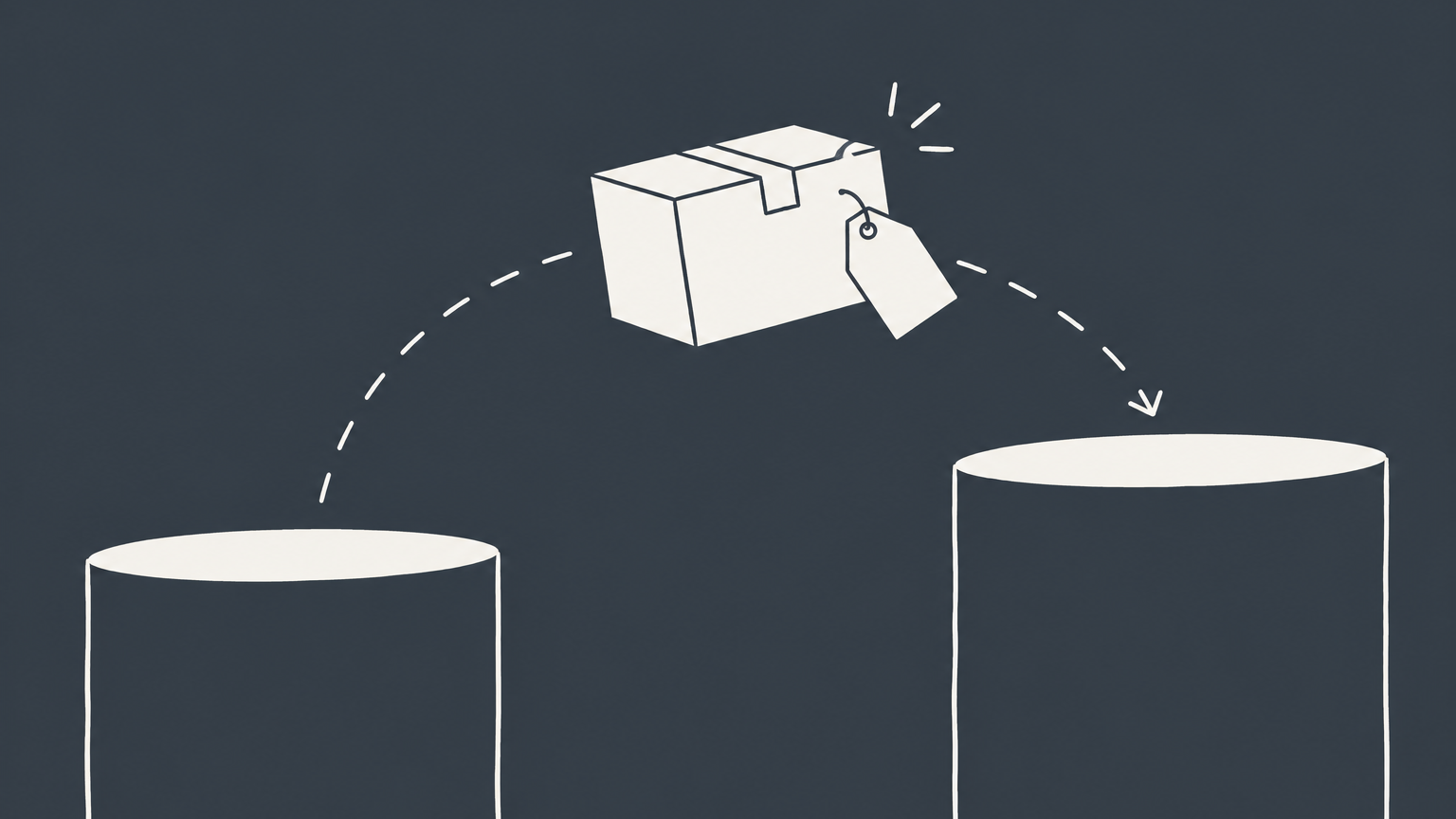 Flat illustration of an emblem-tagged product box and its glow transferring between pedestals to represent selling a trademark with its goodwill.
