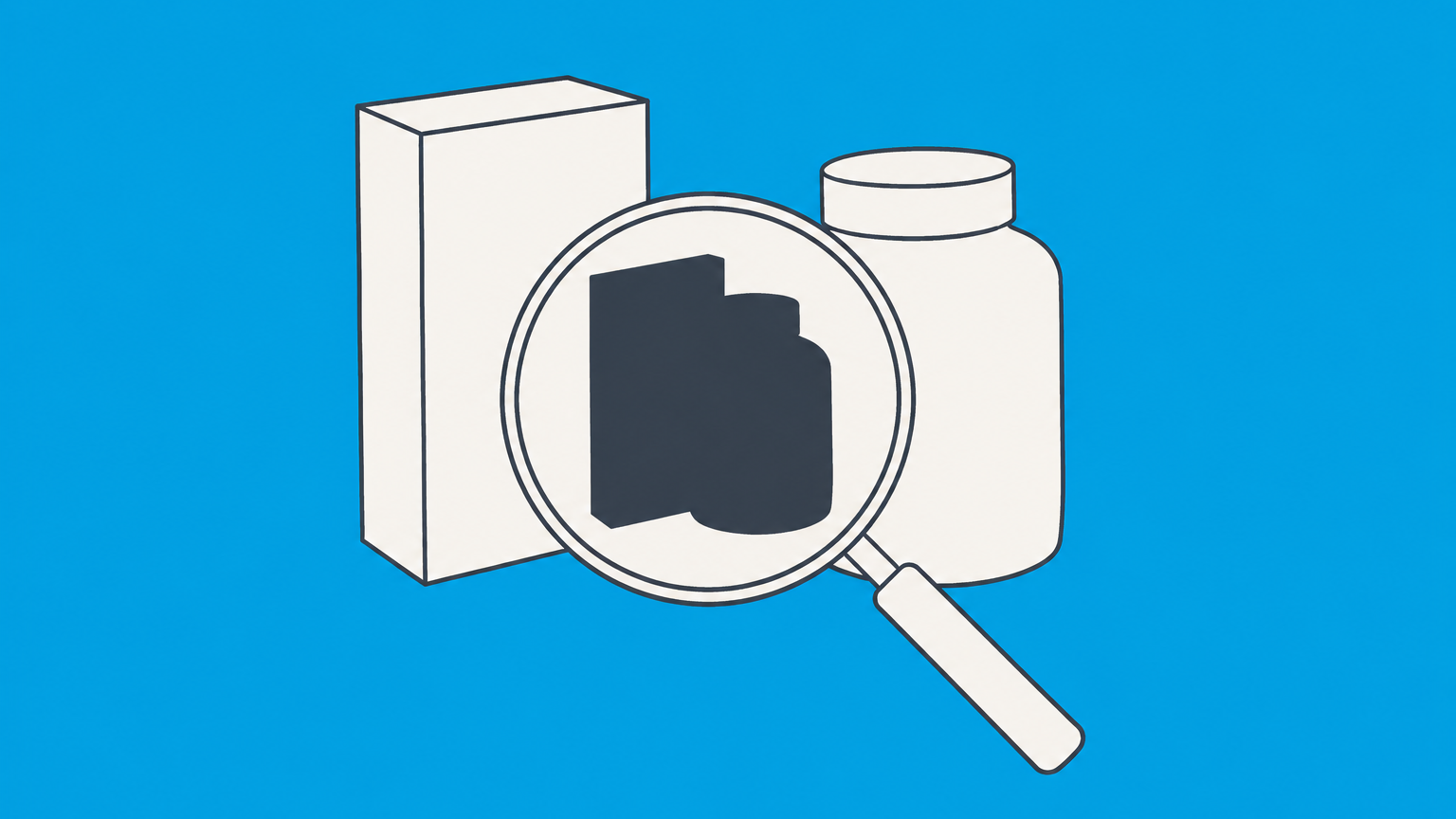 Flat illustration of two product packages casting an overlapping silhouette through a magnifying lens to represent commercial impression in trademark analysis.