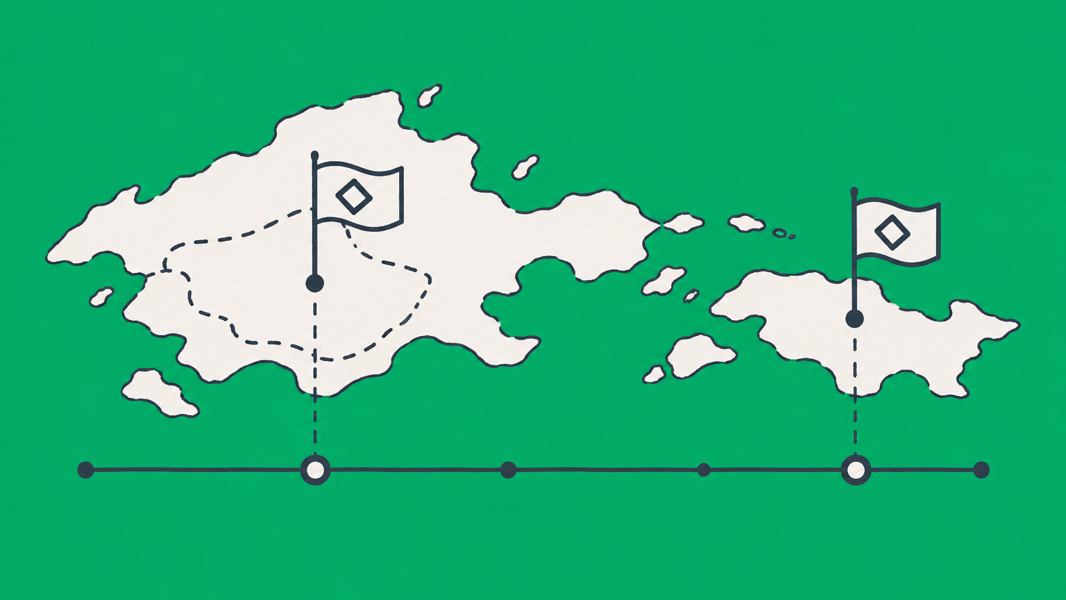 Flat illustration of two matching emblem flags competing along a timeline and map to represent trademark priority.