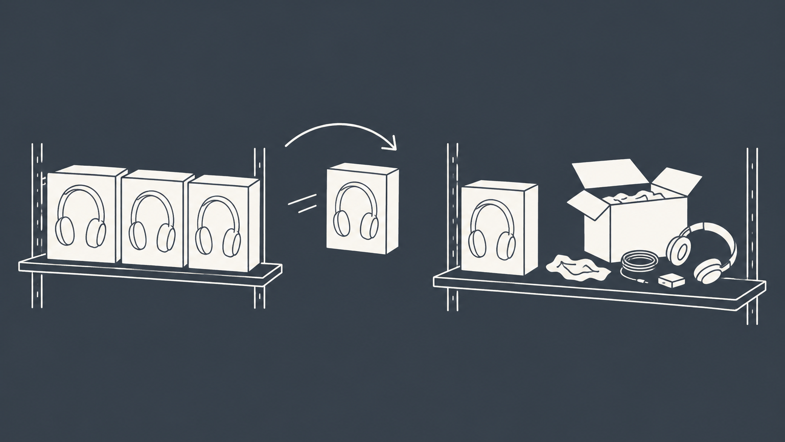 Flat illustration of an unchanged product moving to a resale shelf beside a repackaged product, representing the first sale doctrine in trademark law.