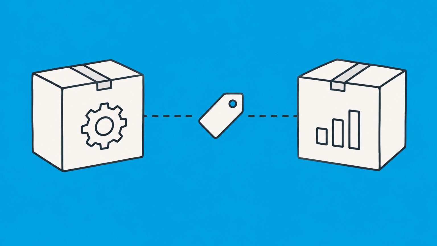 Flat illustration of two separately branded product boxes with an ownership tag and an unconnected dotted line representing a third party trademark disclaimer.