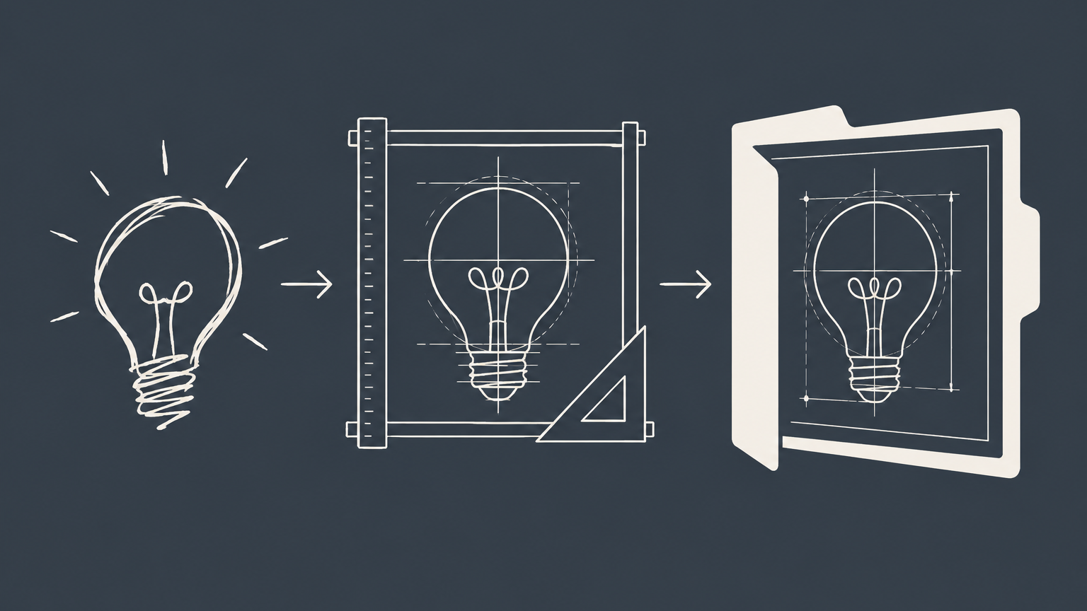 Flat illustration of a rough concept becoming a detailed protected blueprint, representing how to patent an idea.