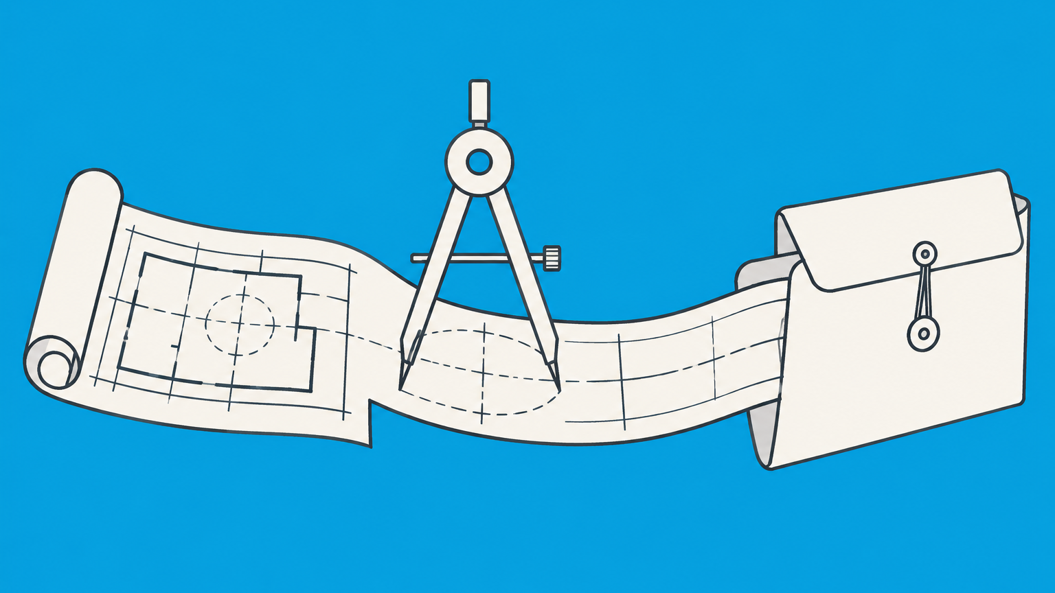 Flat illustration of a technical blueprint, drafting compass, and sealed folder representing a patent attorney's work.