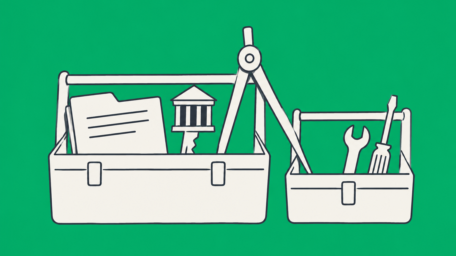 Flat illustration of two toolboxes with shared patent drafting tools and added legal tools representing the patent agent vs patent attorney comparison.