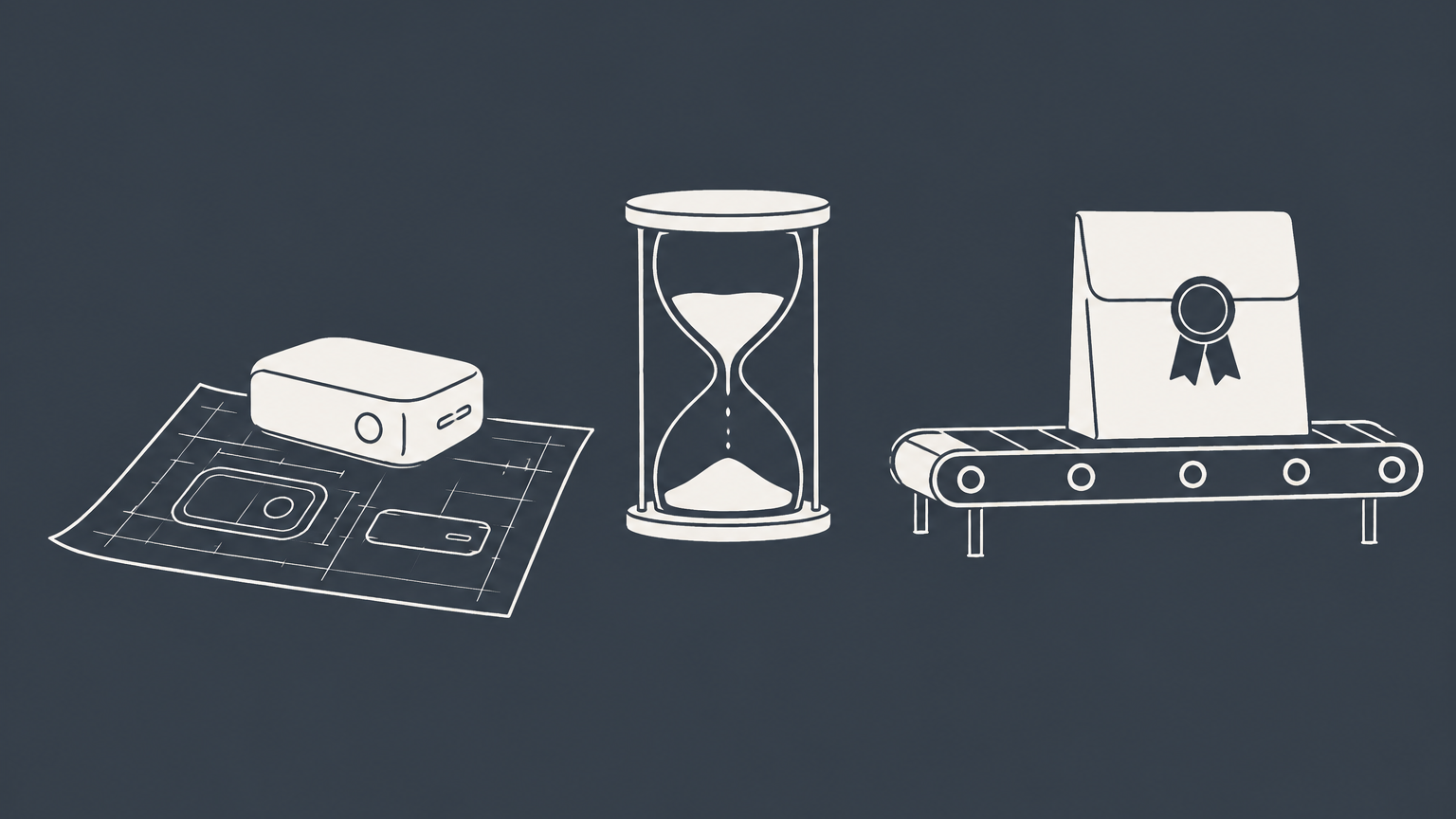 Flat illustration of a prototype, blueprint, hourglass, and waiting certificate folder representing patent pending status.