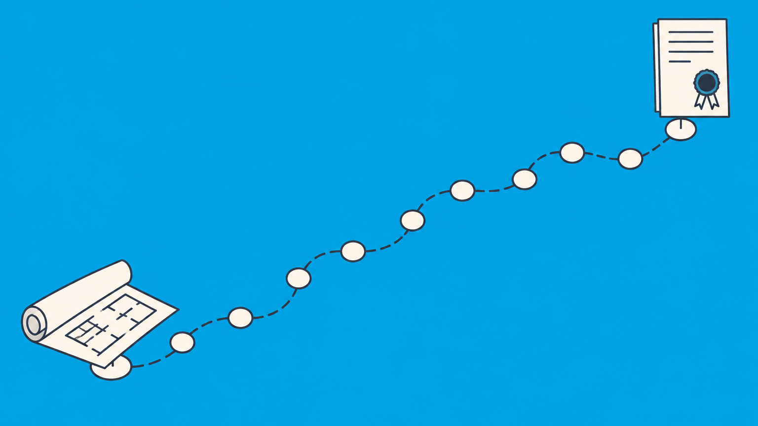 Flat illustration of a blueprint beginning a 12-step path toward a sealed technical document, representing a provisional patent application and its timeline.