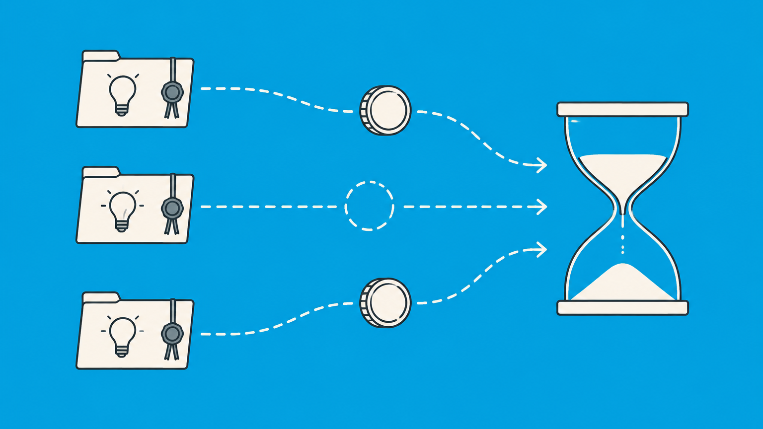 Flat illustration of three invention folders moving along separate timelines toward an hourglass to represent how long a patent lasts.
