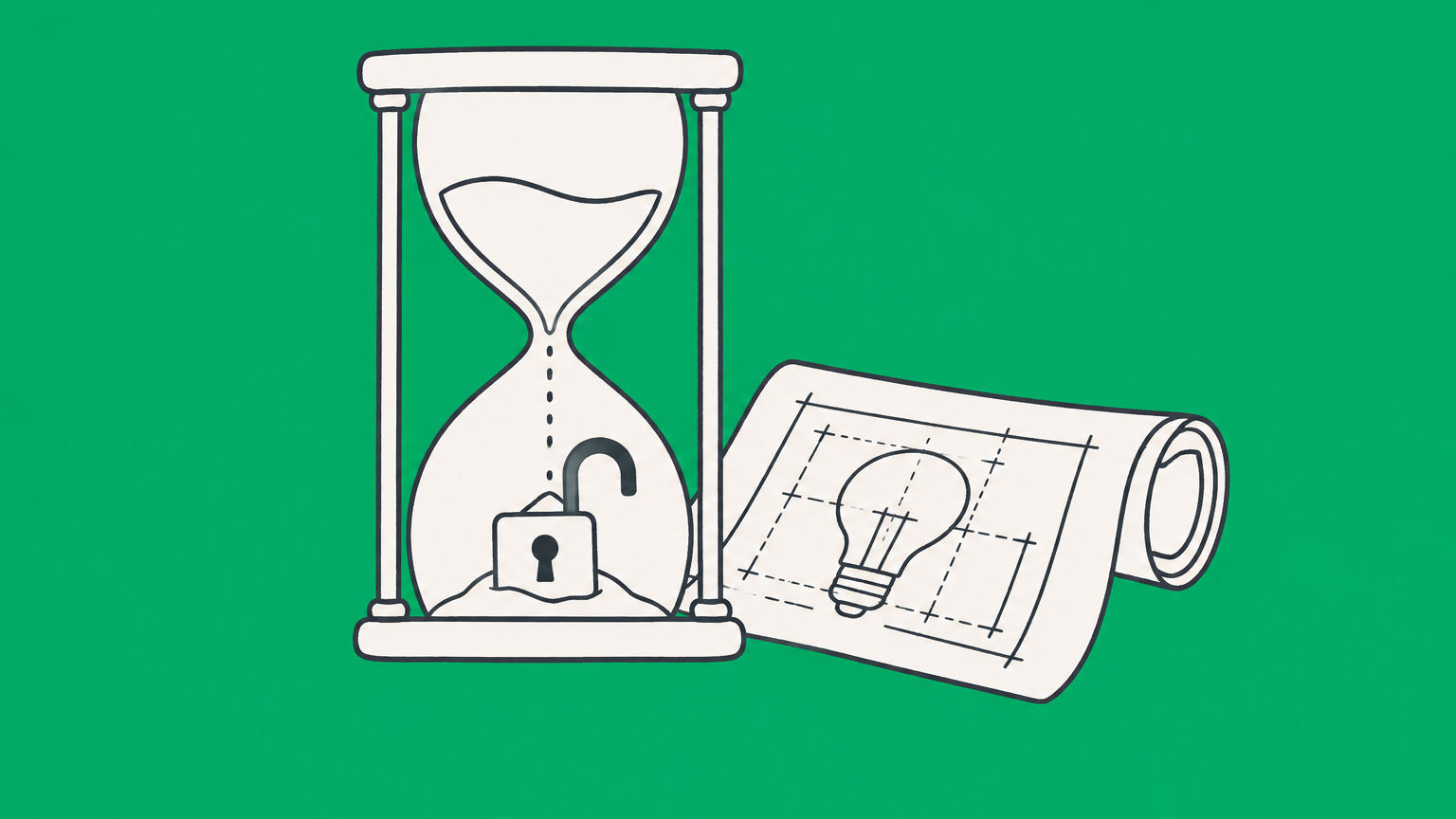 Flat illustration of an hourglass, invention blueprint, and open padlock representing patent expiration.