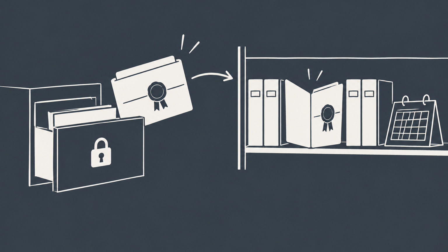 Flat illustration of a sealed invention folder moving onto a public archive shelf beside a calendar to represent patent application publication.
