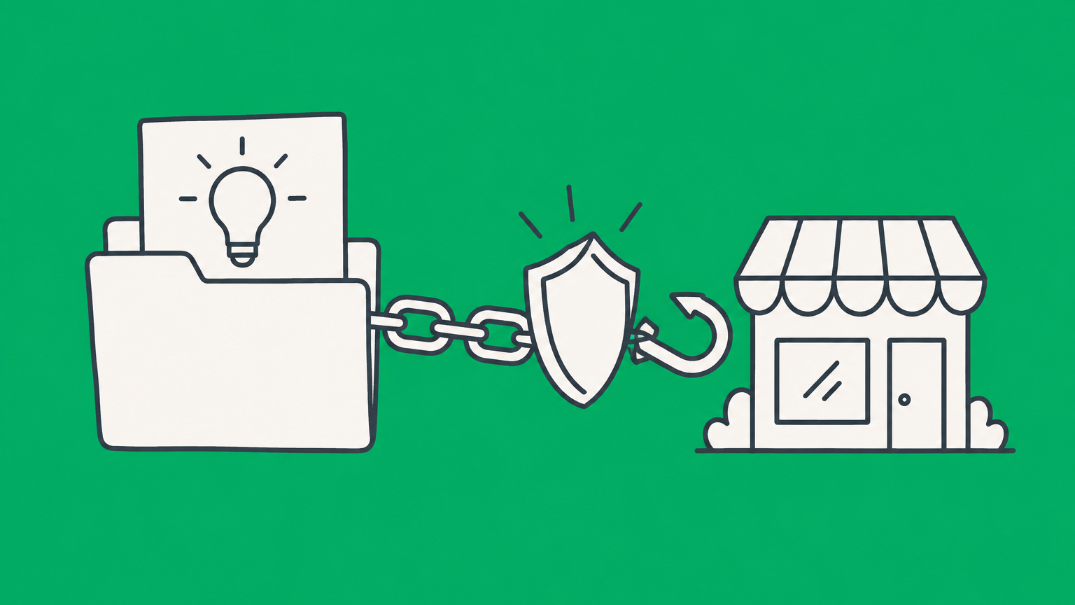 Flat illustration of a shield protecting a storefront from a hooked patent folder, representing defense against a patent troll.