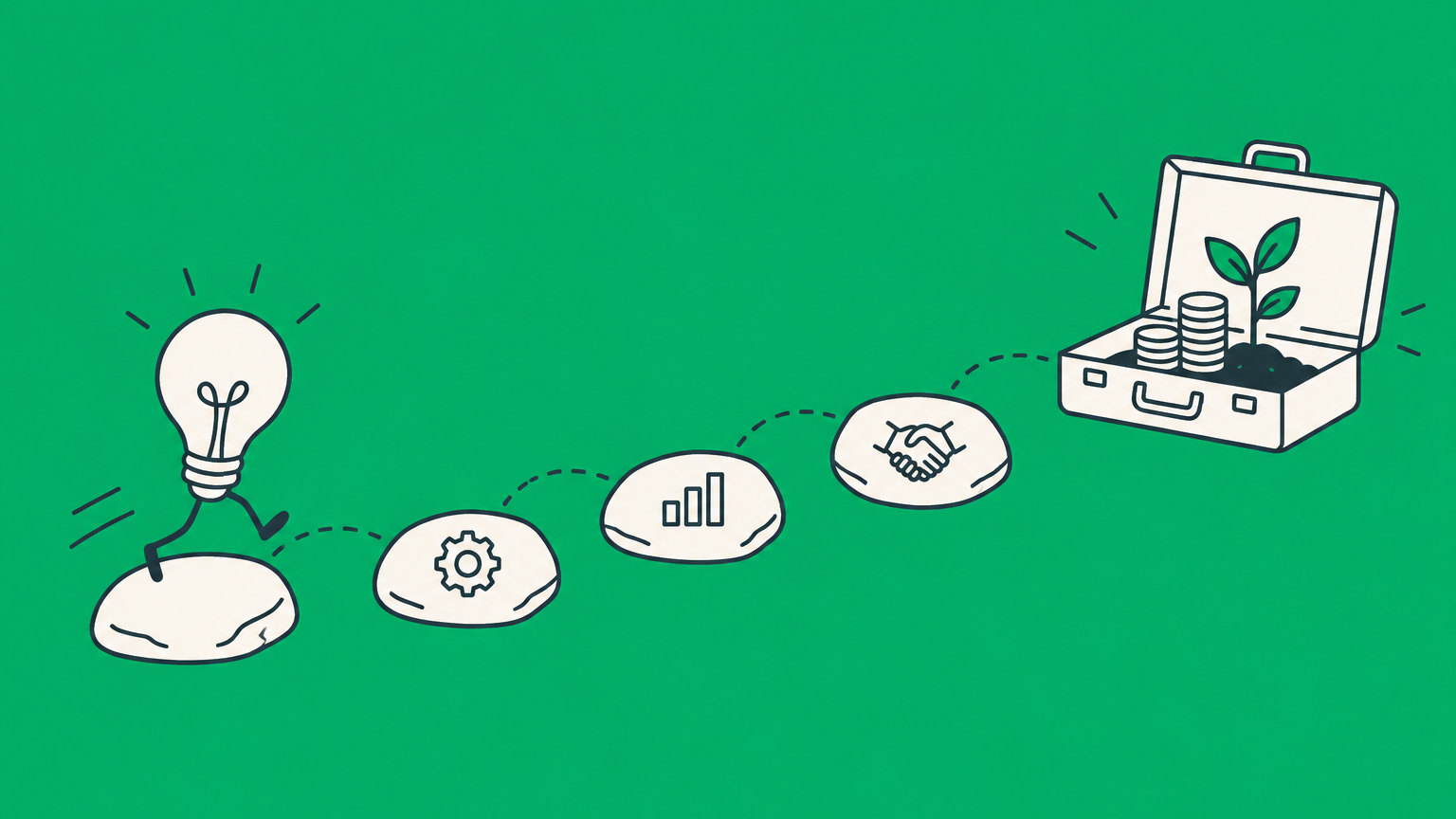 Flat illustration of an invention prototype crossing stepping stones toward a funding briefcase, representing how patent investors fund an idea.