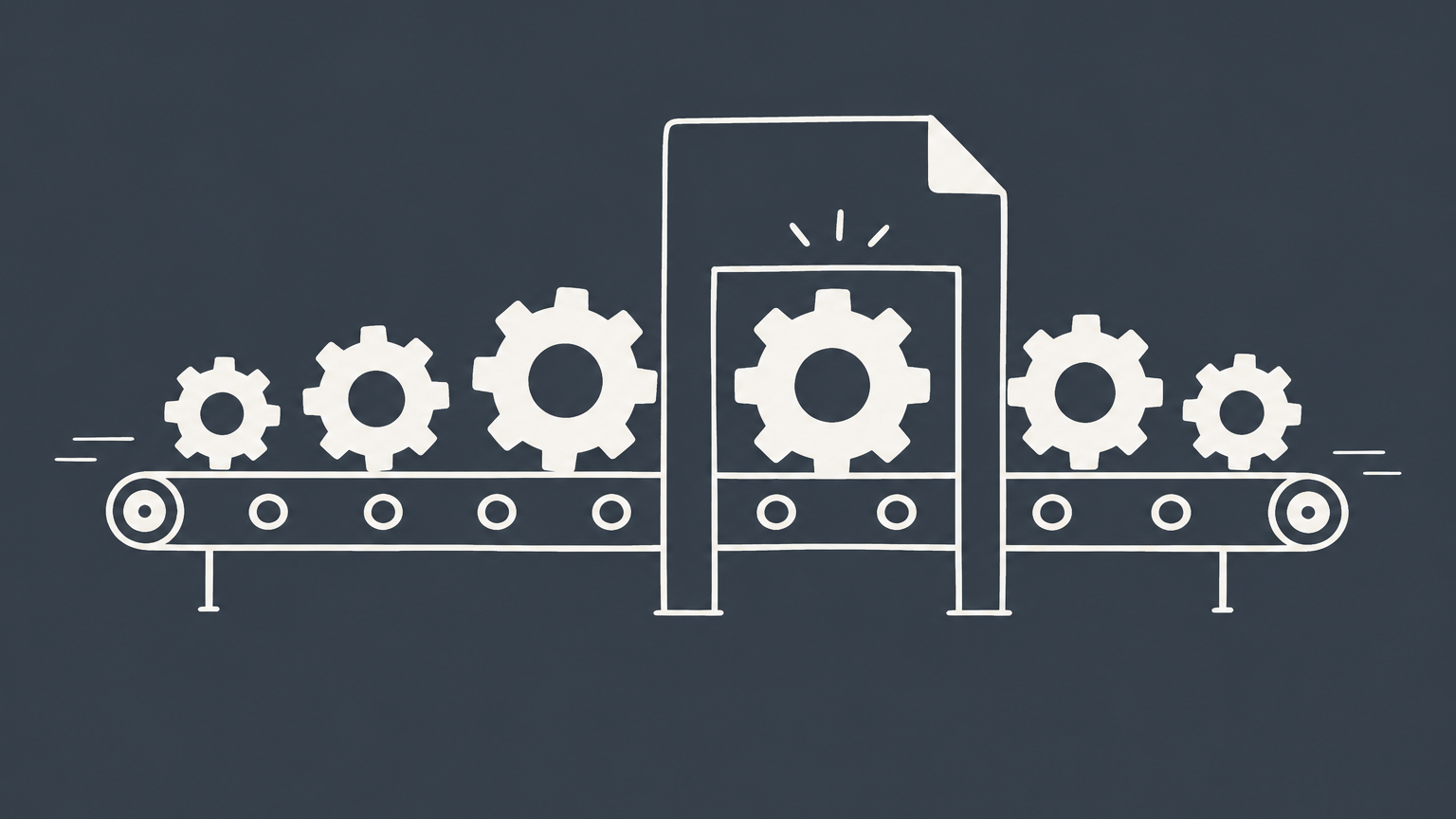 Flat illustration of interlocking gears moving through a document-shaped approval frame to represent patenting a process.