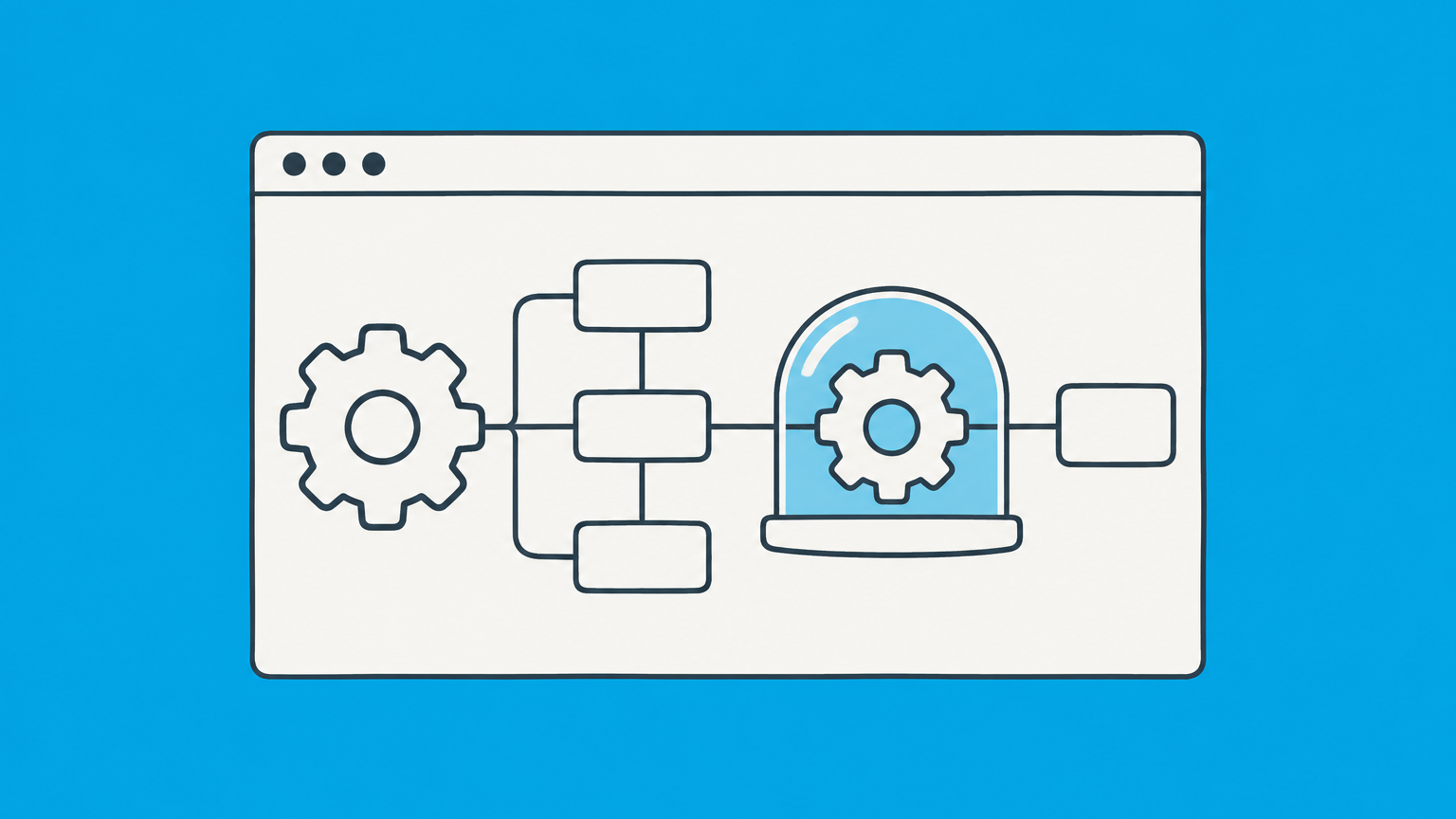 Flat illustration of a browser window with a protected gear-and-flowchart module representing how to patent a website idea.