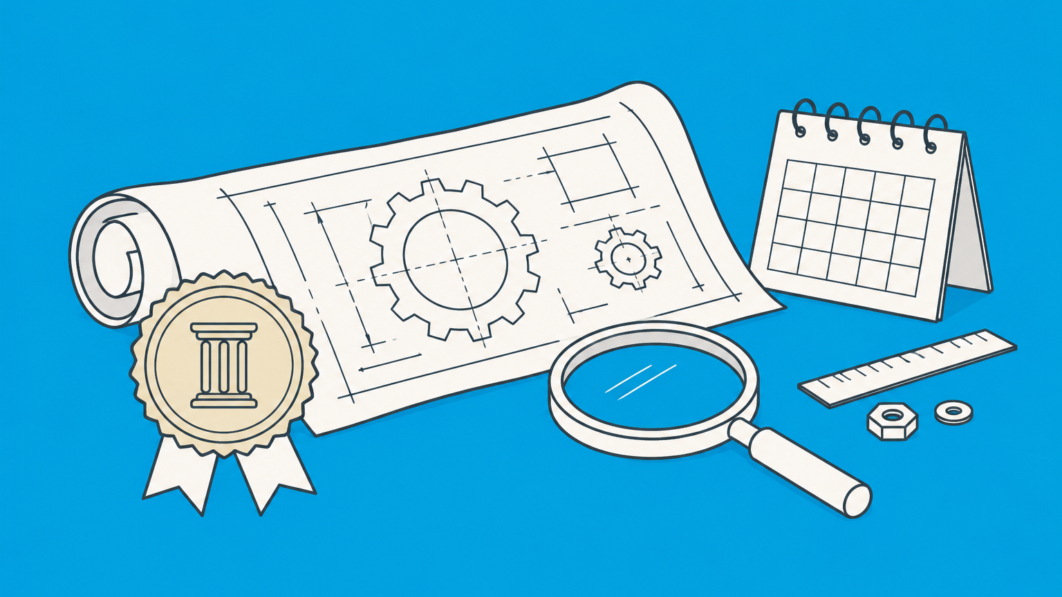 Flat illustration of an antique blueprint, brass patent seal, magnifying glass, and calendar representing firearm patent searches and expiration checks.