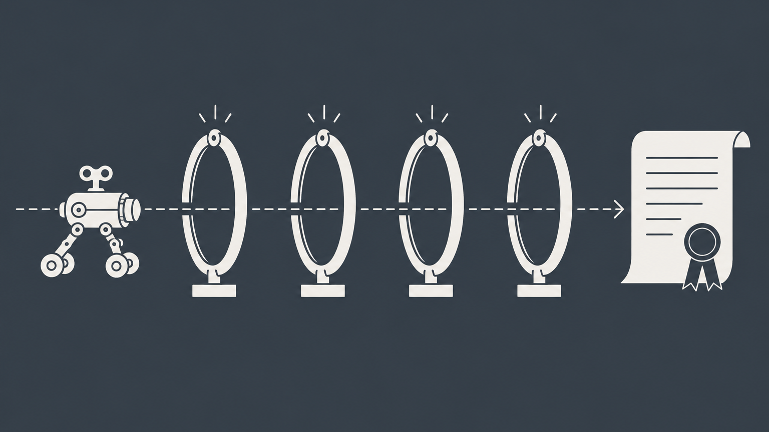 Flat illustration of a mechanical invention passing through inspection rings toward a sealed document, representing utility patent requirements.
