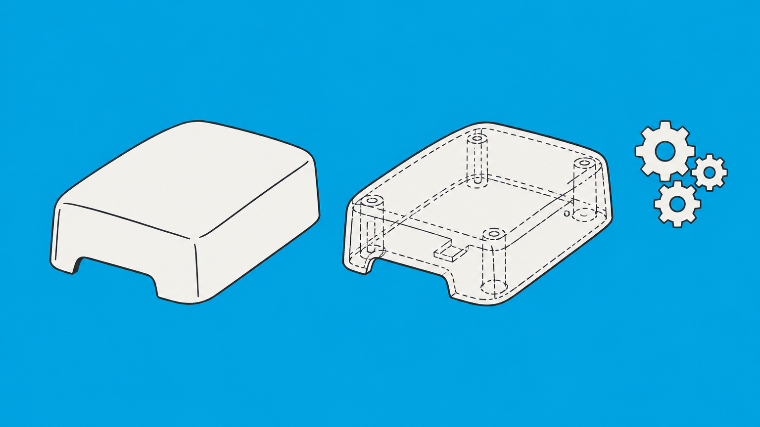 Flat illustration of a product shell with a contour overlay separating ornamental appearance from function in a design patent.