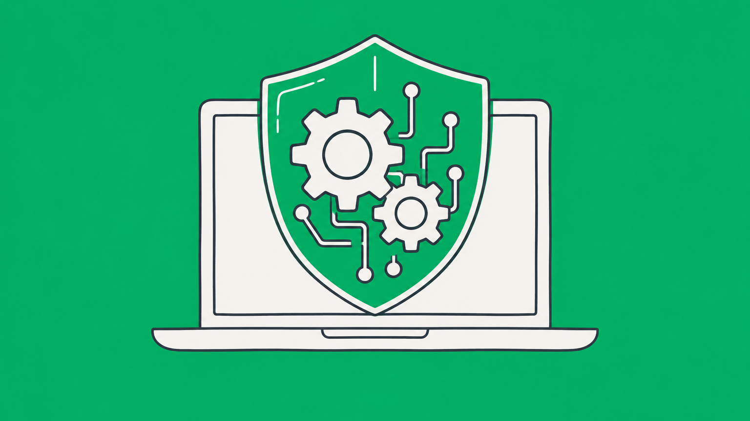Flat illustration of a laptop with a protected circuit-and-gear mechanism representing a software patent.