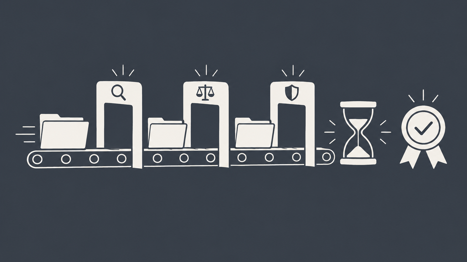 Flat illustration of a patent application moving through inspection gates beside an hourglass to represent the patent approval timeline.