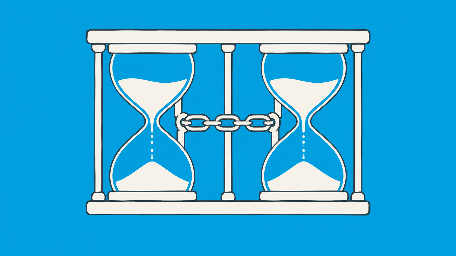 Flat illustration of two linked hourglasses sharing a stopping bar to represent a patent terminal disclaimer.