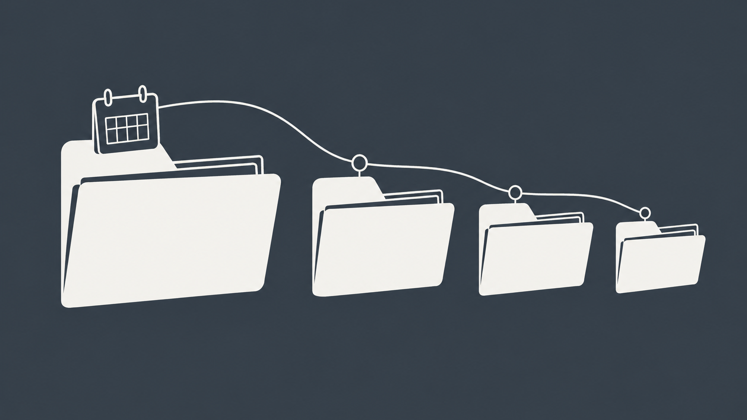 Flat illustration of nested patent application folders tracing back to the earliest calendar date to represent a patent priority date.