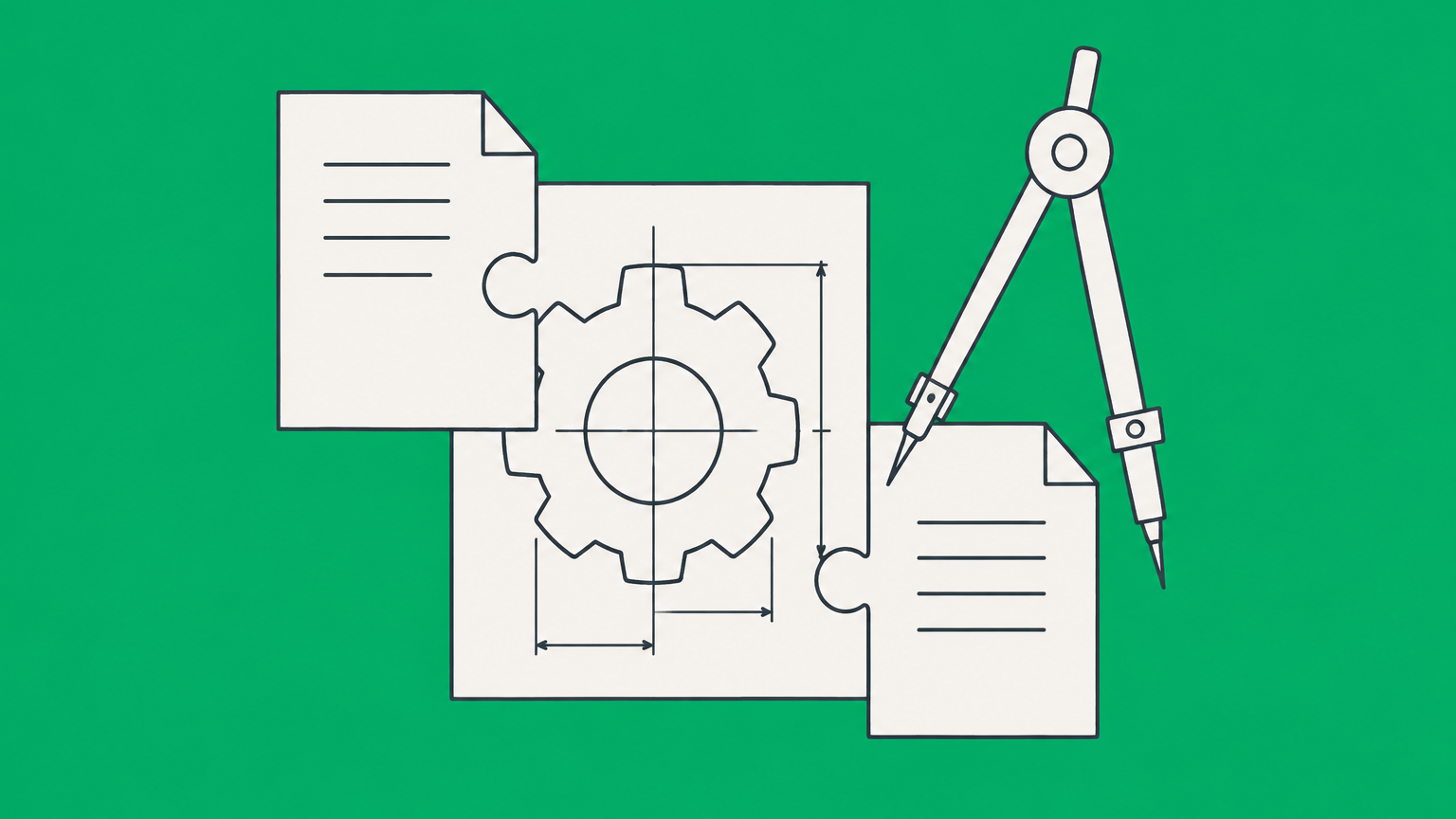 Flat illustration of a technical blueprint assembled from document pages, a mechanical component, and a drafting compass representing patent drafting.