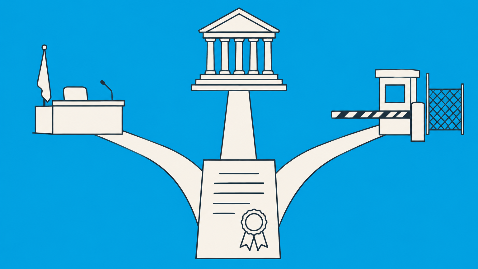 Flat illustration of a patent document facing three procedural paths for patent litigation through a court, an administrative forum, and a border agency.