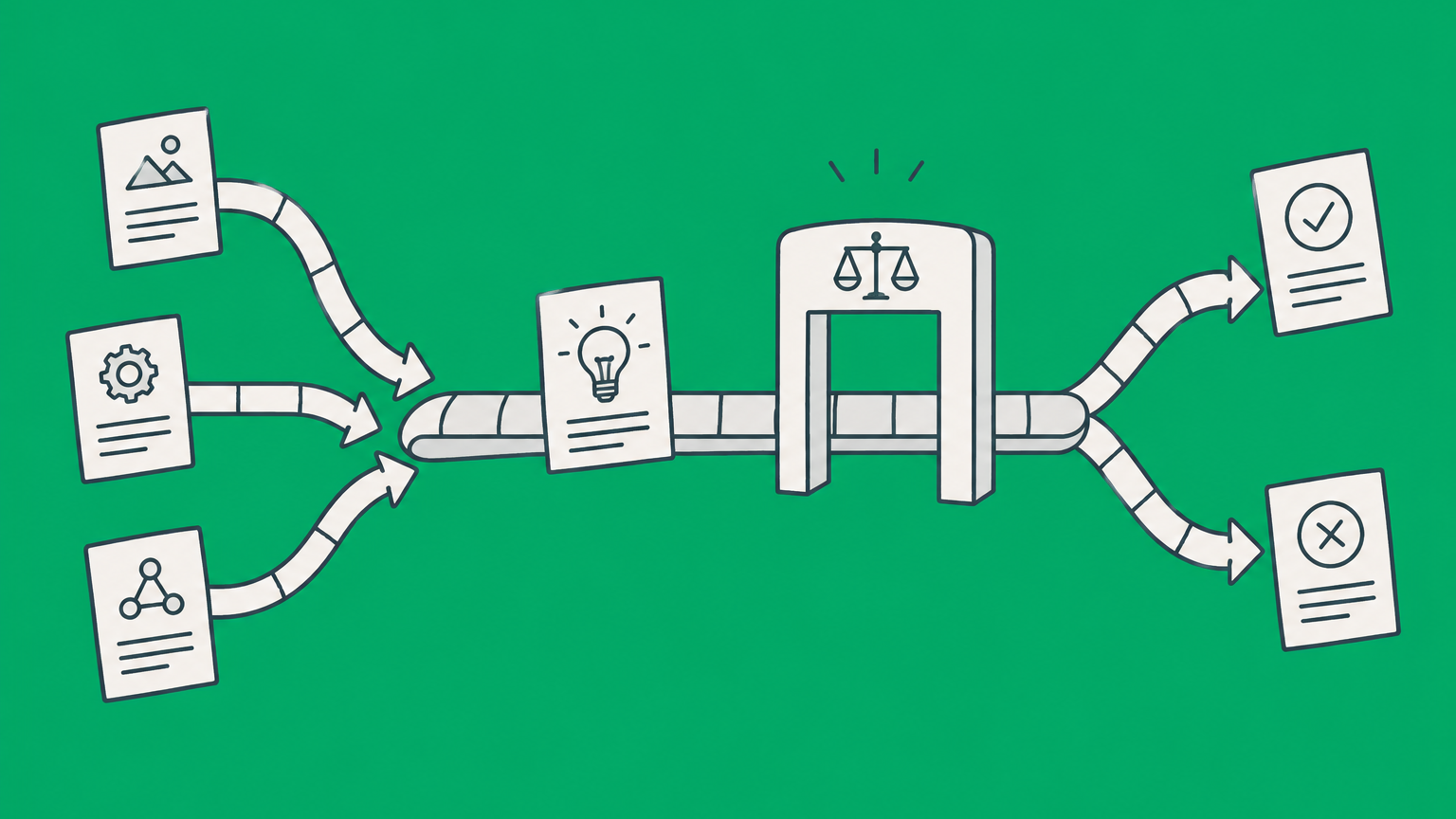 Flat illustration of a patent document, prior-art records, and a review gate representing the inter partes review process.