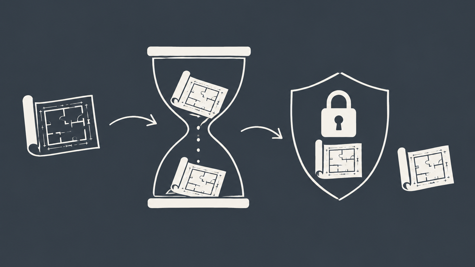 Flat illustration of a blueprint passing through an hourglass toward a locked shield to represent patent pending infringement.