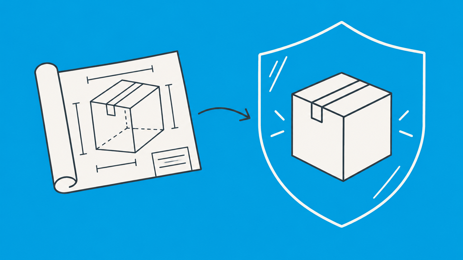 Flat illustration of a protected product box and buyer-supplied blueprint representing the warranty against infringement.