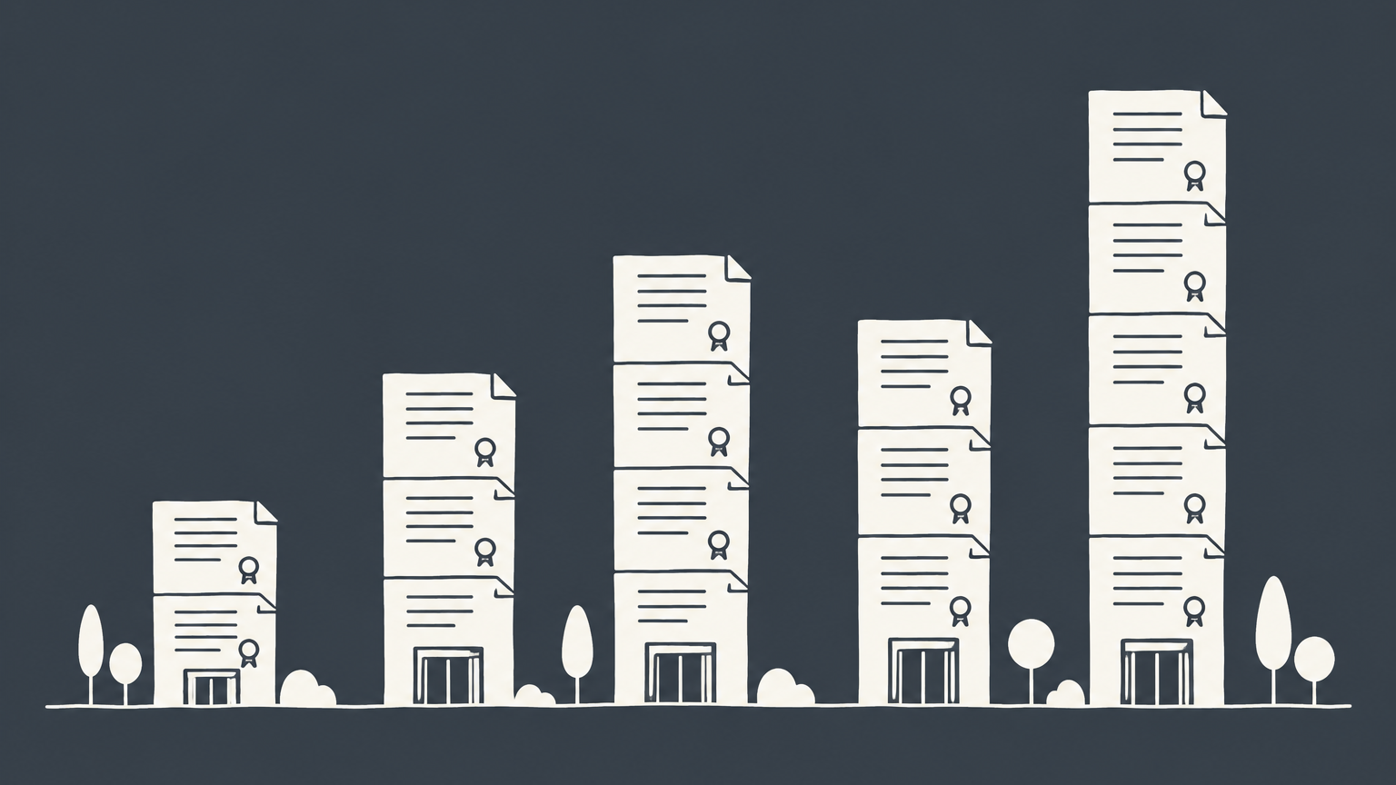 Flat illustration of office buildings made from stacked patent documents representing companies with the most patents.