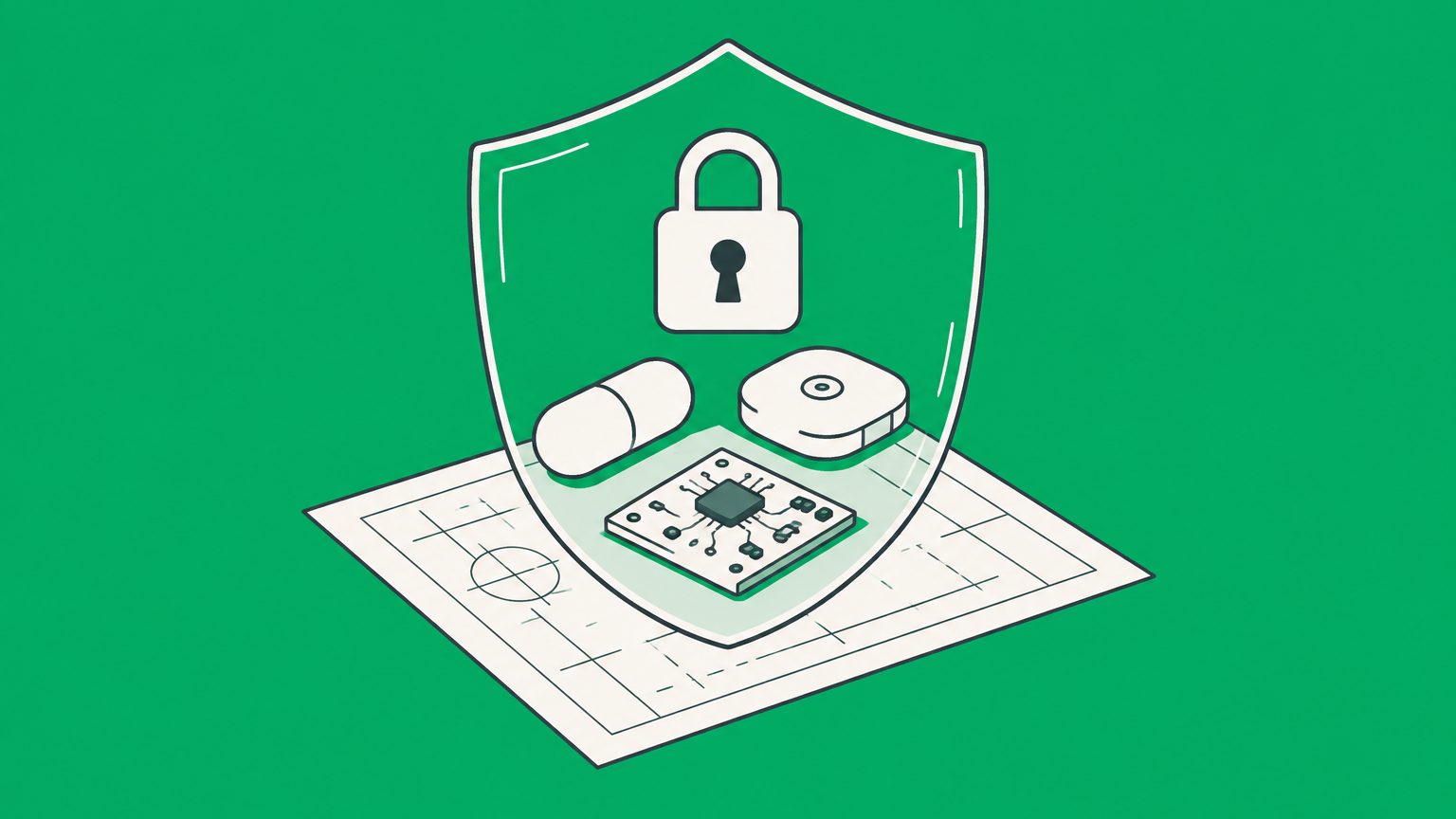 Flat illustration of a locked transparent shield protecting a capsule, medical sensor, and circuit board to represent medical patents.