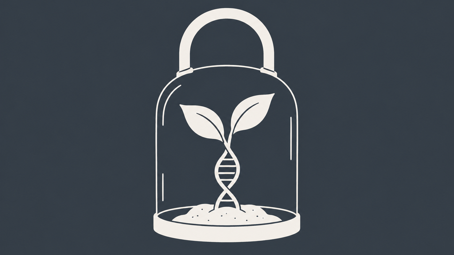 Flat illustration of a DNA-marked seed inside a lock-shaped greenhouse representing GMO patents.