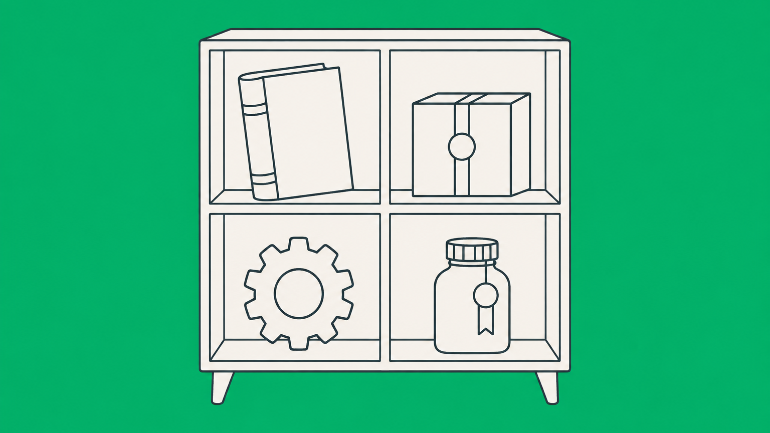 Flat illustration of a four-compartment display case containing objects that represent intellectual property examples.