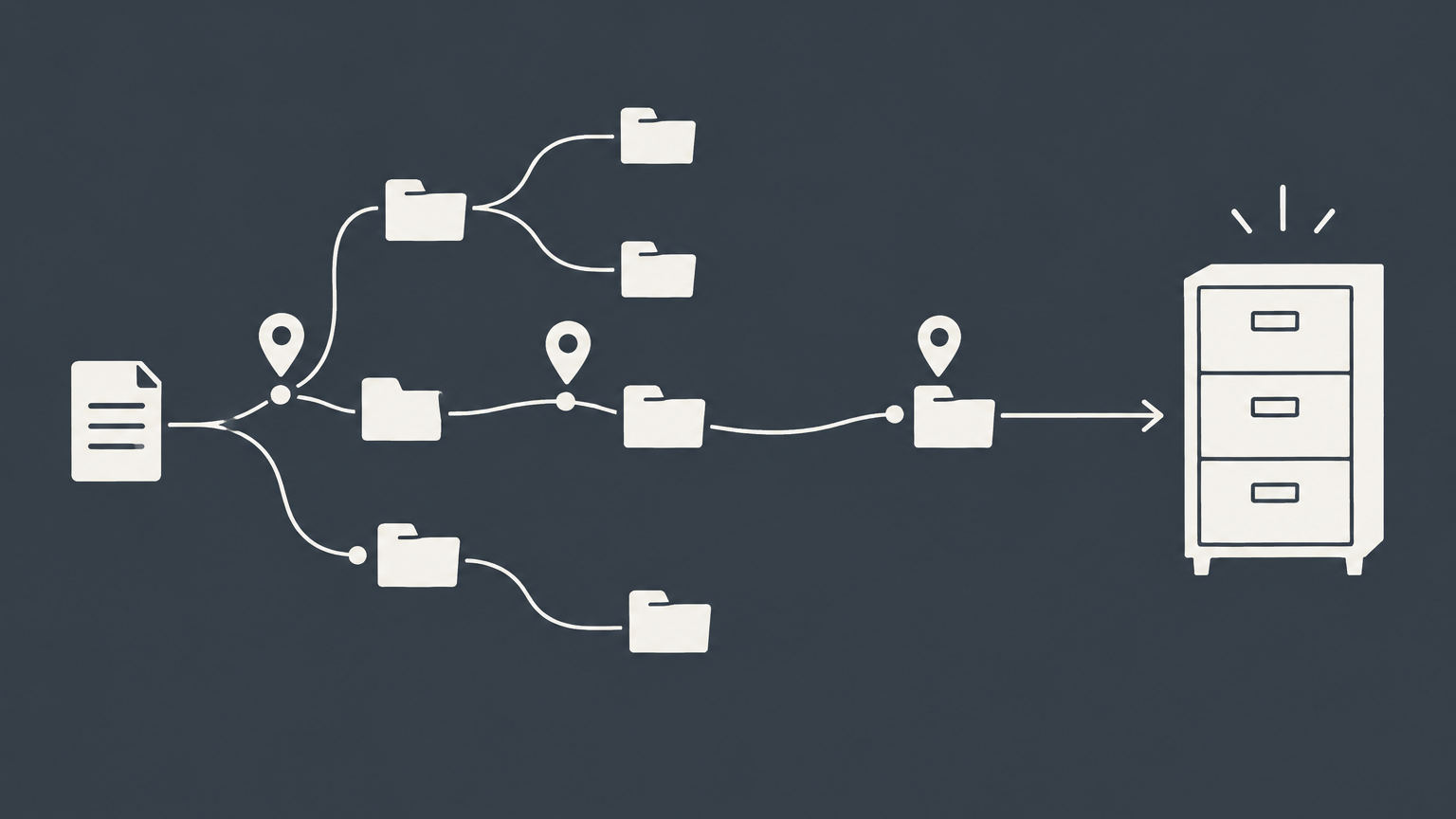 Flat illustration of a prototype following a selected branching route into an organized patent portfolio, representing patent strategy.