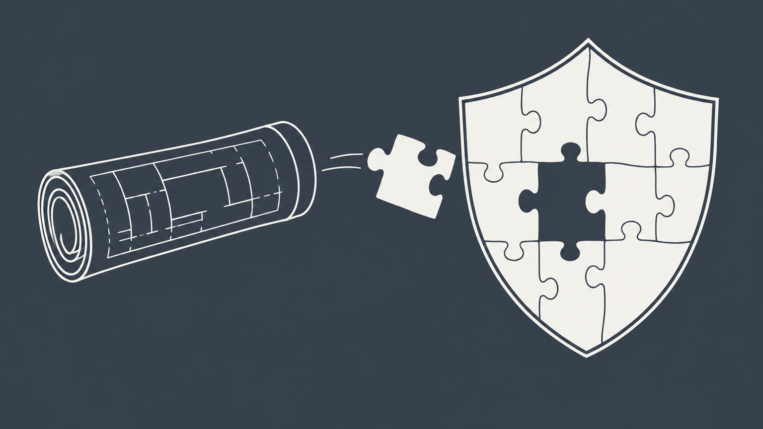 Flat illustration of a technical blueprint meeting an interlocking shield with a missing-fit puzzle piece, representing patent infringement defenses.