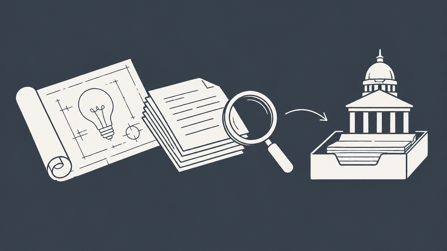Flat illustration of an invention blueprint and filing packet moving toward a submission tray under a magnifying glass, representing a patent application.