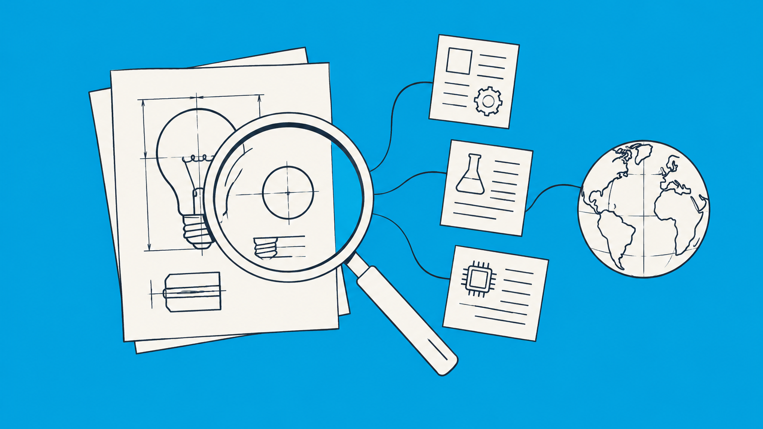 Flat illustration of a magnifying glass examining layered invention drawings, patent references, and a globe to represent a patent search.