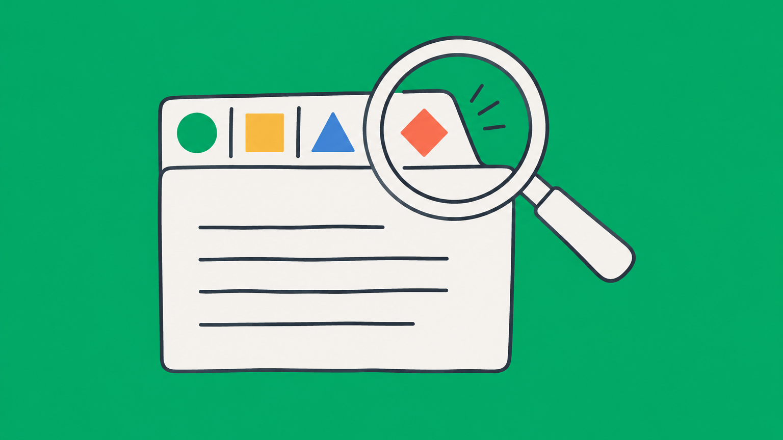 Flat illustration of a magnifying glass examining geometric identifier tiles on a document for a patent number search.