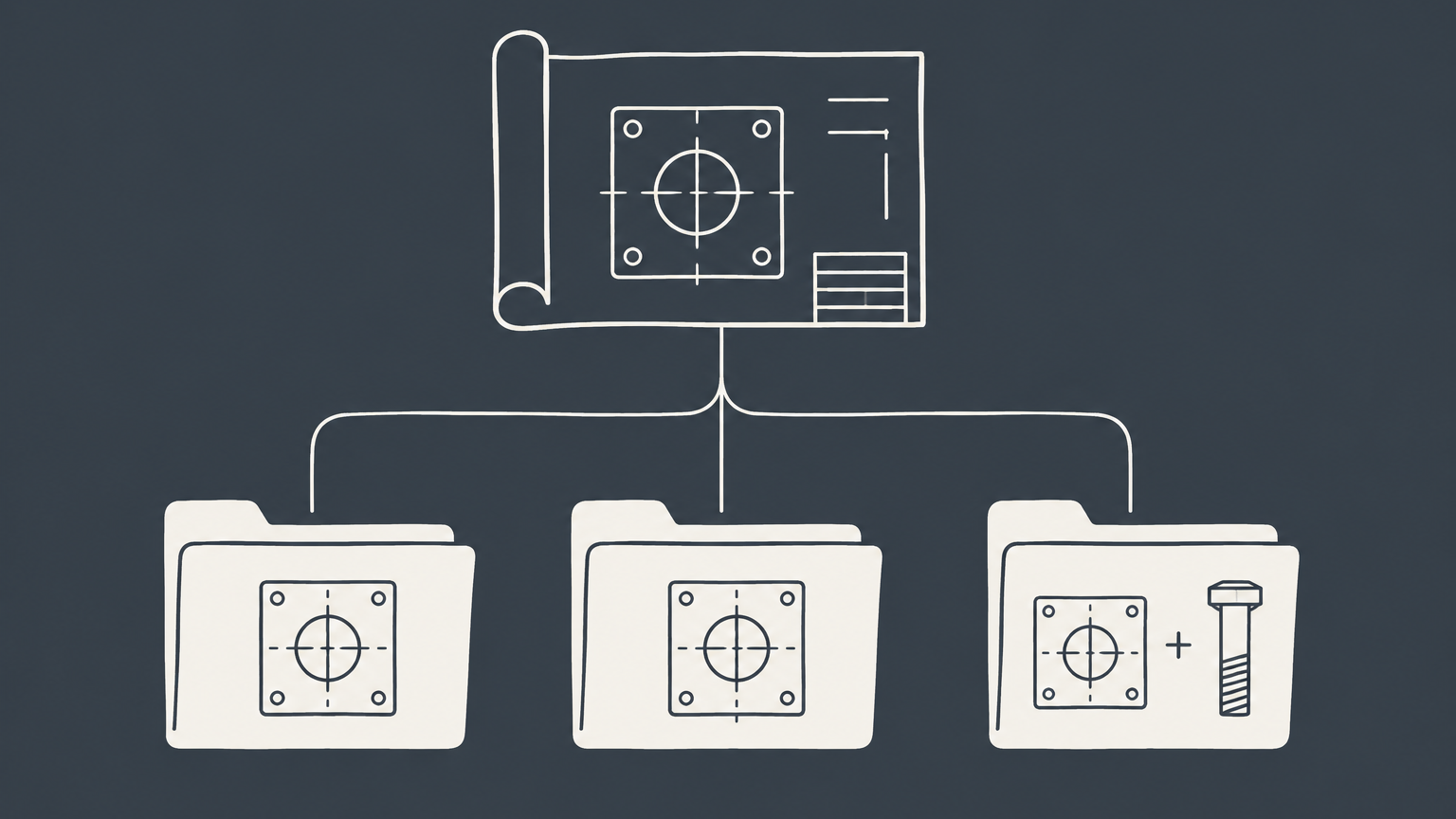Flat illustration of a blueprint branching into connected application folders to represent continuation patent applications, divisionals, and continuations-in-part.