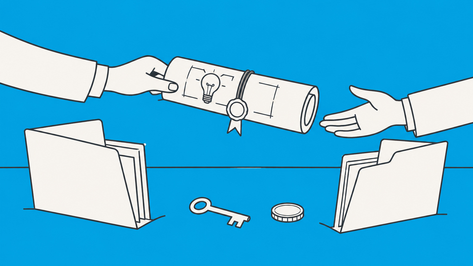 Flat illustration of a sealed invention blueprint, key, and coin moving between folders to represent how to sell a patent.