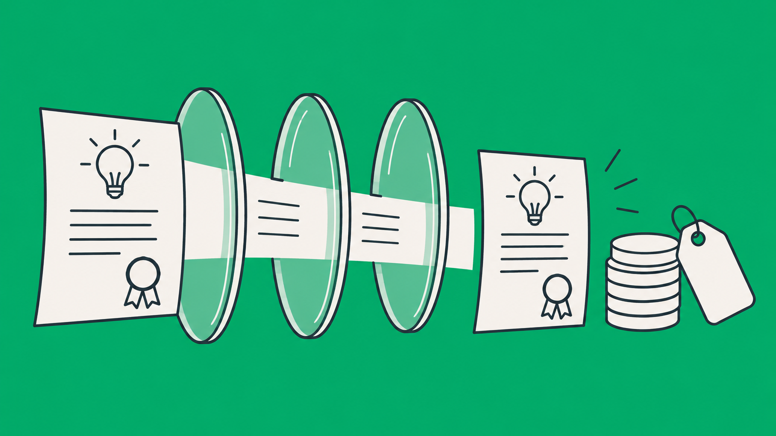 Flat illustration of a patent document passing through three valuation lenses toward a coin stack and price tag, representing patent valuation.