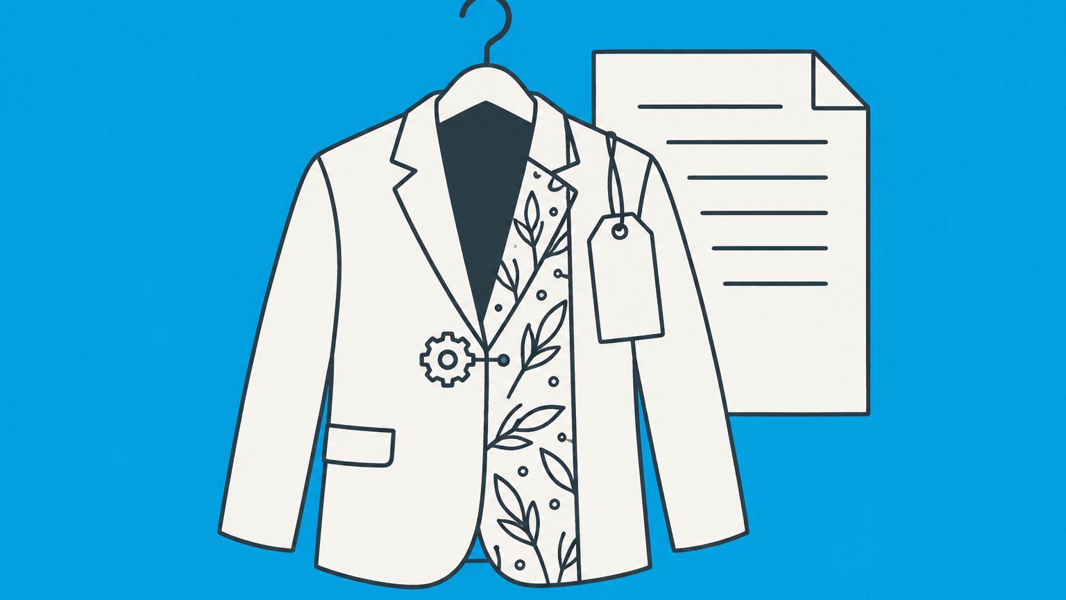 Flat illustration of a jacket with functional, decorative, and branding elements representing patent protection for clothing.