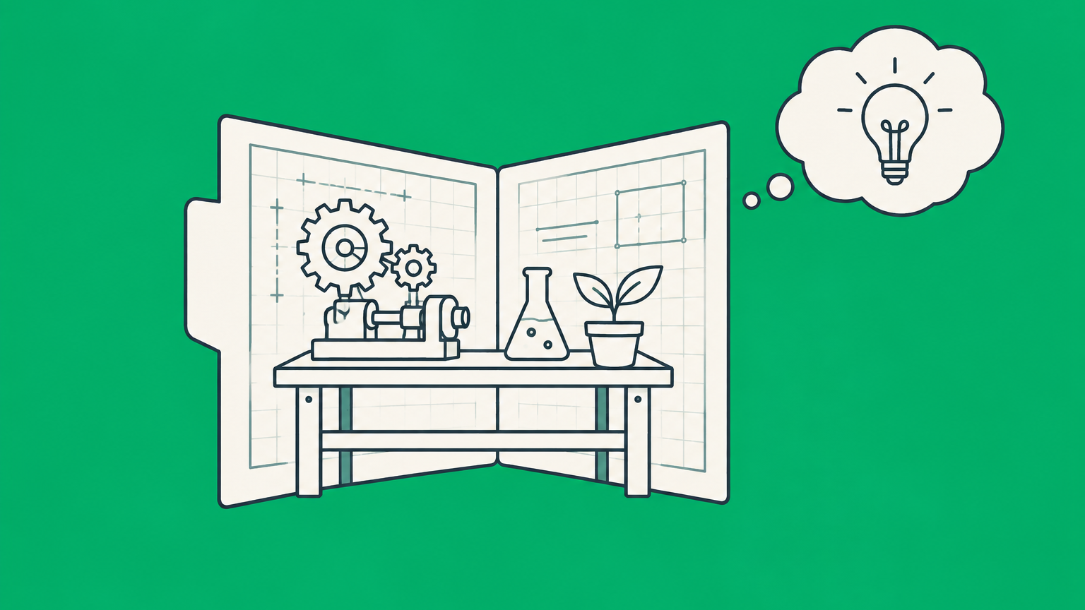 Flat illustration of a machine, flask, and plant inside a blueprint folder to represent what can be patented.